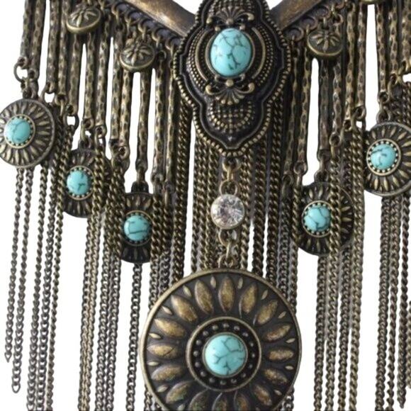 Boho Statement Necklace Antique Brass Finish Turquoise look stone inset New with - Picture 5 of 8